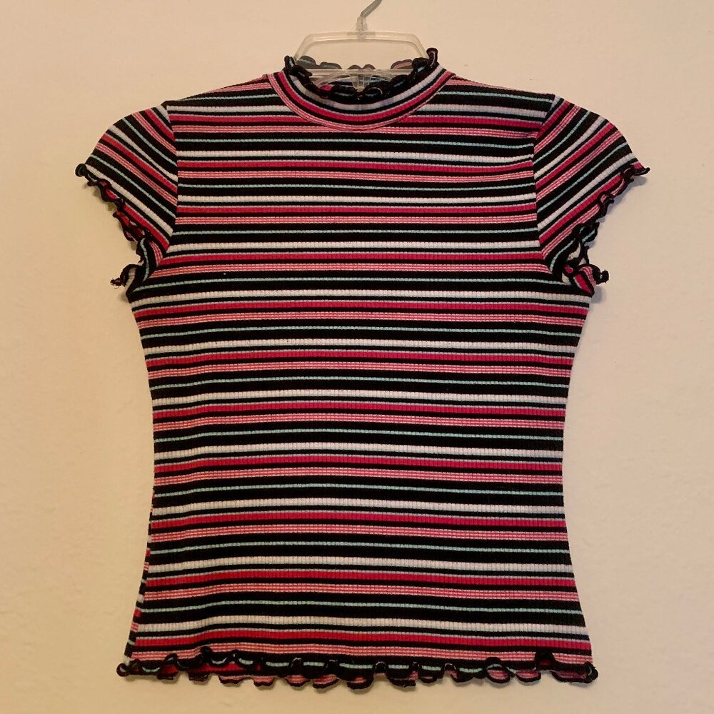 Pink Y2K Striped Mock Turtle Neck Crop Top with Lettuce Hem